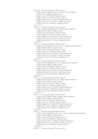 <rdf:li rdf:parseType="Resource">
<xmpG:swatchName>Blanco</xmpG:swatchName>
<xmpG:mode>CMYK</xmpG:mode>
<xmpG:type>PROCESS</xmpG:type>
<xmpG:cyan>0.000000</xmpG:cyan>
<xmpG:magenta>0.000000</xmpG:magenta>
<xmpG:yellow>0.000000</xmpG:yellow>
<xmpG:black>0.000000</xmpG:black>
</rdf:li>
<rdf:li rdf:parseType="Resource">
<xmpG:swatchName>Negro</xmpG:swatchName>
<xmpG:mode>CMYK</xmpG:mode>
<xmpG:type>PROCESS</xmpG:type>
<xmpG:cyan>0.000000</xmpG:cyan>
<xmpG:magenta>0.000000</xmpG:magenta>
<xmpG:yellow>0.000000</xmpG:yellow>
<xmpG:black>100.000000</xmpG:black>
</rdf:li>
<rdf:li rdf:parseType="Resource">
<xmpG:swatchName>Carboncillo</xmpG:swatchName>
<xmpG:mode>CMYK</xmpG:mode>
<xmpG:type>PROCESS</xmpG:type>
<xmpG:cyan>0.000000</xmpG:cyan>
<xmpG:magenta>0.000000</xmpG:magenta>
<xmpG:yellow>0.000000</xmpG:yellow>
<xmpG:black>75.000000</xmpG:black>
</rdf:li>
<rdf:li rdf:parseType="Resource">
<xmpG:swatchName>Grafito</xmpG:swatchName>
<xmpG:mode>CMYK</xmpG:mode>
<xmpG:type>PROCESS</xmpG:type>
<xmpG:cyan>0.000000</xmpG:cyan>
<xmpG:magenta>0.000000</xmpG:magenta>
<xmpG:yellow>0.000000</xmpG:yellow>
<xmpG:black>60.000002</xmpG:black>
</rdf:li>
<rdf:li rdf:parseType="Resource">
<xmpG:swatchName>Ceniza</xmpG:swatchName>
<xmpG:mode>CMYK</xmpG:mode>
<xmpG:type>PROCESS</xmpG:type>
<xmpG:cyan>0.000000</xmpG:cyan>
<xmpG:magenta>0.000000</xmpG:magenta>
<xmpG:yellow>0.000000</xmpG:yellow>
<xmpG:black>44.999999</xmpG:black>
</rdf:li>
<rdf:li rdf:parseType="Resource">
<xmpG:swatchName>Humo</xmpG:swatchName>
<xmpG:mode>CMYK</xmpG:mode>
<xmpG:type>PROCESS</xmpG:type>
<xmpG:cyan>0.000000</xmpG:cyan>
<xmpG:magenta>0.000000</xmpG:magenta>
<xmpG:yellow>0.000000</xmpG:yellow>
<xmpG:black>30.000001</xmpG:black>
</rdf:li>
<rdf:li rdf:parseType="Resource">
<xmpG:swatchName>CafÃ© con leche</xmpG:swatchName>
<xmpG:mode>CMYK</xmpG:mode>
<xmpG:type>PROCESS</xmpG:type>
<xmpG:cyan>10.000002</xmpG:cyan>
<xmpG:magenta>23.000002</xmpG:magenta>
<xmpG:yellow>32.999998</xmpG:yellow>
<xmpG:black>0.000000</xmpG:black>
</rdf:li>
<rdf:li rdf:parseType="Resource">
 