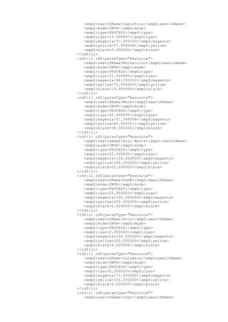 <xmpG:swatchName>Capuchino</xmpG:swatchName>
<xmpG:mode>CMYK</xmpG:mode>
<xmpG:type>PROCESS</xmpG:type>
<xmpG:cyan>15.999997</xmpG:cyan>
<xmpG:magenta>37.000000</xmpG:magenta>
<xmpG:yellow>57.999998</xmpG:yellow>
<xmpG:black>0.000000</xmpG:black>
</rdf:li>
<rdf:li rdf:parseType="Resource">
<xmpG:swatchName>Mochaccino</xmpG:swatchName>
<xmpG:mode>CMYK</xmpG:mode>
<xmpG:type>PROCESS</xmpG:type>
<xmpG:cyan>31.999999</xmpG:cyan>
<xmpG:magenta>48.000002</xmpG:magenta>
<xmpG:yellow>75.999999</xmpG:yellow>
<xmpG:black>19.999999</xmpG:black>
</rdf:li>
<rdf:li rdf:parseType="Resource">
<xmpG:swatchName>Moca</xmpG:swatchName>
<xmpG:mode>CMYK</xmpG:mode>
<xmpG:type>PROCESS</xmpG:type>
<xmpG:cyan>42.999995</xmpG:cyan>
<xmpG:magenta>51.999998</xmpG:magenta>
<xmpG:yellow>80.000001</xmpG:yellow>
<xmpG:black>38.000000</xmpG:black>
</rdf:li>
<rdf:li rdf:parseType="Resource">
<xmpG:swatchName>Rojo Marte</xmpG:swatchName>
<xmpG:mode>CMYK</xmpG:mode>
<xmpG:type>PROCESS</xmpG:type>
<xmpG:cyan>25.000000</xmpG:cyan>
<xmpG:magenta>100.000000</xmpG:magenta>
<xmpG:yellow>100.000000</xmpG:yellow>
<xmpG:black>25.000000</xmpG:black>
</rdf:li>
<rdf:li rdf:parseType="Resource">
<xmpG:swatchName>RubÃ</xmpG:swatchName>
<xmpG:mode>CMYK</xmpG:mode>
<xmpG:type>PROCESS</xmpG:type>
<xmpG:cyan>25.000000</xmpG:cyan>
<xmpG:magenta>100.000000</xmpG:magenta>
<xmpG:yellow>100.000000</xmpG:yellow>
<xmpG:black>0.000000</xmpG:black>
</rdf:li>
<rdf:li rdf:parseType="Resource">
<xmpG:swatchName>Rojo</xmpG:swatchName>
<xmpG:mode>CMYK</xmpG:mode>
<xmpG:type>PROCESS</xmpG:type>
<xmpG:cyan>0.000000</xmpG:cyan>
<xmpG:magenta>100.000000</xmpG:magenta>
<xmpG:yellow>100.000000</xmpG:yellow>
<xmpG:black>0.000000</xmpG:black>
</rdf:li>
<rdf:li rdf:parseType="Resource">
<xmpG:swatchName>Calabaza</xmpG:swatchName>
<xmpG:mode>CMYK</xmpG:mode>
<xmpG:type>PROCESS</xmpG:type>
<xmpG:cyan>0.000000</xmpG:cyan>
<xmpG:magenta>75.000000</xmpG:magenta>
<xmpG:yellow>100.000000</xmpG:yellow>
<xmpG:black>0.000000</xmpG:black>
</rdf:li>
<rdf:li rdf:parseType="Resource">
<xmpG:swatchName>Jugo</xmpG:swatchName>
 