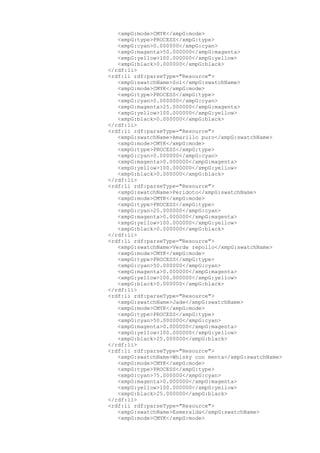 <xmpG:mode>CMYK</xmpG:mode>
<xmpG:type>PROCESS</xmpG:type>
<xmpG:cyan>0.000000</xmpG:cyan>
<xmpG:magenta>50.000000</xmpG:magenta>
<xmpG:yellow>100.000000</xmpG:yellow>
<xmpG:black>0.000000</xmpG:black>
</rdf:li>
<rdf:li rdf:parseType="Resource">
<xmpG:swatchName>Sol</xmpG:swatchName>
<xmpG:mode>CMYK</xmpG:mode>
<xmpG:type>PROCESS</xmpG:type>
<xmpG:cyan>0.000000</xmpG:cyan>
<xmpG:magenta>25.000000</xmpG:magenta>
<xmpG:yellow>100.000000</xmpG:yellow>
<xmpG:black>0.000000</xmpG:black>
</rdf:li>
<rdf:li rdf:parseType="Resource">
<xmpG:swatchName>Amarillo puro</xmpG:swatchName>
<xmpG:mode>CMYK</xmpG:mode>
<xmpG:type>PROCESS</xmpG:type>
<xmpG:cyan>0.000000</xmpG:cyan>
<xmpG:magenta>0.000000</xmpG:magenta>
<xmpG:yellow>100.000000</xmpG:yellow>
<xmpG:black>0.000000</xmpG:black>
</rdf:li>
<rdf:li rdf:parseType="Resource">
<xmpG:swatchName>Peridoto</xmpG:swatchName>
<xmpG:mode>CMYK</xmpG:mode>
<xmpG:type>PROCESS</xmpG:type>
<xmpG:cyan>25.000000</xmpG:cyan>
<xmpG:magenta>0.000000</xmpG:magenta>
<xmpG:yellow>100.000000</xmpG:yellow>
<xmpG:black>0.000000</xmpG:black>
</rdf:li>
<rdf:li rdf:parseType="Resource">
<xmpG:swatchName>Verde repollo</xmpG:swatchName>
<xmpG:mode>CMYK</xmpG:mode>
<xmpG:type>PROCESS</xmpG:type>
<xmpG:cyan>50.000000</xmpG:cyan>
<xmpG:magenta>0.000000</xmpG:magenta>
<xmpG:yellow>100.000000</xmpG:yellow>
<xmpG:black>0.000000</xmpG:black>
</rdf:li>
<rdf:li rdf:parseType="Resource">
<xmpG:swatchName>Jade</xmpG:swatchName>
<xmpG:mode>CMYK</xmpG:mode>
<xmpG:type>PROCESS</xmpG:type>
<xmpG:cyan>50.000000</xmpG:cyan>
<xmpG:magenta>0.000000</xmpG:magenta>
<xmpG:yellow>100.000000</xmpG:yellow>
<xmpG:black>25.000000</xmpG:black>
</rdf:li>
<rdf:li rdf:parseType="Resource">
<xmpG:swatchName>Whisky con menta</xmpG:swatchName>
<xmpG:mode>CMYK</xmpG:mode>
<xmpG:type>PROCESS</xmpG:type>
<xmpG:cyan>75.000000</xmpG:cyan>
<xmpG:magenta>0.000000</xmpG:magenta>
<xmpG:yellow>100.000000</xmpG:yellow>
<xmpG:black>25.000000</xmpG:black>
</rdf:li>
<rdf:li rdf:parseType="Resource">
<xmpG:swatchName>Esmeralda</xmpG:swatchName>
<xmpG:mode>CMYK</xmpG:mode>
 