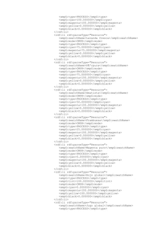 <xmpG:type>PROCESS</xmpG:type>
<xmpG:cyan>100.000000</xmpG:cyan>
<xmpG:magenta>100.000000</xmpG:magenta>
<xmpG:yellow>0.000000</xmpG:yellow>
<xmpG:black>0.000000</xmpG:black>
</rdf:li>
<rdf:li rdf:parseType="Resource">
<xmpG:swatchName>Lavanda fresca</xmpG:swatchName>
<xmpG:mode>CMYK</xmpG:mode>
<xmpG:type>PROCESS</xmpG:type>
<xmpG:cyan>75.000000</xmpG:cyan>
<xmpG:magenta>75.000000</xmpG:magenta>
<xmpG:yellow>0.000000</xmpG:yellow>
<xmpG:black>0.000000</xmpG:black>
</rdf:li>
<rdf:li rdf:parseType="Resource">
<xmpG:swatchName>PÃºrpura</xmpG:swatchName>
<xmpG:mode>CMYK</xmpG:mode>
<xmpG:type>PROCESS</xmpG:type>
<xmpG:cyan>75.000000</xmpG:cyan>
<xmpG:magenta>100.000000</xmpG:magenta>
<xmpG:yellow>0.000000</xmpG:yellow>
<xmpG:black>0.000000</xmpG:black>
</rdf:li>
<rdf:li rdf:parseType="Resource">
<xmpG:swatchName>Amatista</xmpG:swatchName>
<xmpG:mode>CMYK</xmpG:mode>
<xmpG:type>PROCESS</xmpG:type>
<xmpG:cyan>50.000000</xmpG:cyan>
<xmpG:magenta>100.000000</xmpG:magenta>
<xmpG:yellow>0.000000</xmpG:yellow>
<xmpG:black>0.000000</xmpG:black>
</rdf:li>
<rdf:li rdf:parseType="Resource">
<xmpG:swatchName>Frambuesa</xmpG:swatchName>
<xmpG:mode>CMYK</xmpG:mode>
<xmpG:type>PROCESS</xmpG:type>
<xmpG:cyan>25.000000</xmpG:cyan>
<xmpG:magenta>100.000000</xmpG:magenta>
<xmpG:yellow>0.000000</xmpG:yellow>
<xmpG:black>0.000000</xmpG:black>
</rdf:li>
<rdf:li rdf:parseType="Resource">
<xmpG:swatchName>Magenta puro</xmpG:swatchName>
<xmpG:mode>CMYK</xmpG:mode>
<xmpG:type>PROCESS</xmpG:type>
<xmpG:cyan>0.000000</xmpG:cyan>
<xmpG:magenta>100.000000</xmpG:magenta>
<xmpG:yellow>0.000000</xmpG:yellow>
<xmpG:black>0.000000</xmpG:black>
</rdf:li>
<rdf:li rdf:parseType="Resource">
<xmpG:swatchName>Rojo global</xmpG:swatchName>
<xmpG:type>PROCESS</xmpG:type>
<xmpG:tint>100.000000</xmpG:tint>
<xmpG:mode>CMYK</xmpG:mode>
<xmpG:cyan>0.000000</xmpG:cyan>
<xmpG:magenta>100.000000</xmpG:magenta>
<xmpG:yellow>100.000000</xmpG:yellow>
<xmpG:black>0.000000</xmpG:black>
</rdf:li>
<rdf:li rdf:parseType="Resource">
<xmpG:swatchName>Jugo global</xmpG:swatchName>
<xmpG:type>PROCESS</xmpG:type>
 