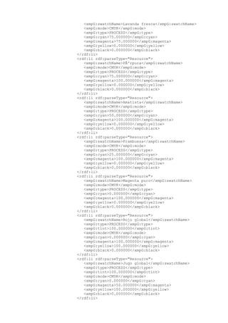 <xmpG:swatchName>Lavanda fresca</xmpG:swatchName>
<xmpG:mode>CMYK</xmpG:mode>
<xmpG:type>PROCESS</xmpG:type>
<xmpG:cyan>75.000000</xmpG:cyan>
<xmpG:magenta>75.000000</xmpG:magenta>
<xmpG:yellow>0.000000</xmpG:yellow>
<xmpG:black>0.000000</xmpG:black>
</rdf:li>
<rdf:li rdf:parseType="Resource">
<xmpG:swatchName>PÃºrpura</xmpG:swatchName>
<xmpG:mode>CMYK</xmpG:mode>
<xmpG:type>PROCESS</xmpG:type>
<xmpG:cyan>75.000000</xmpG:cyan>
<xmpG:magenta>100.000000</xmpG:magenta>
<xmpG:yellow>0.000000</xmpG:yellow>
<xmpG:black>0.000000</xmpG:black>
</rdf:li>
<rdf:li rdf:parseType="Resource">
<xmpG:swatchName>Amatista</xmpG:swatchName>
<xmpG:mode>CMYK</xmpG:mode>
<xmpG:type>PROCESS</xmpG:type>
<xmpG:cyan>50.000000</xmpG:cyan>
<xmpG:magenta>100.000000</xmpG:magenta>
<xmpG:yellow>0.000000</xmpG:yellow>
<xmpG:black>0.000000</xmpG:black>
</rdf:li>
<rdf:li rdf:parseType="Resource">
<xmpG:swatchName>Frambuesa</xmpG:swatchName>
<xmpG:mode>CMYK</xmpG:mode>
<xmpG:type>PROCESS</xmpG:type>
<xmpG:cyan>25.000000</xmpG:cyan>
<xmpG:magenta>100.000000</xmpG:magenta>
<xmpG:yellow>0.000000</xmpG:yellow>
<xmpG:black>0.000000</xmpG:black>
</rdf:li>
<rdf:li rdf:parseType="Resource">
<xmpG:swatchName>Magenta puro</xmpG:swatchName>
<xmpG:mode>CMYK</xmpG:mode>
<xmpG:type>PROCESS</xmpG:type>
<xmpG:cyan>0.000000</xmpG:cyan>
<xmpG:magenta>100.000000</xmpG:magenta>
<xmpG:yellow>0.000000</xmpG:yellow>
<xmpG:black>0.000000</xmpG:black>
</rdf:li>
<rdf:li rdf:parseType="Resource">
<xmpG:swatchName>Rojo global</xmpG:swatchName>
<xmpG:type>PROCESS</xmpG:type>
<xmpG:tint>100.000000</xmpG:tint>
<xmpG:mode>CMYK</xmpG:mode>
<xmpG:cyan>0.000000</xmpG:cyan>
<xmpG:magenta>100.000000</xmpG:magenta>
<xmpG:yellow>100.000000</xmpG:yellow>
<xmpG:black>0.000000</xmpG:black>
</rdf:li>
<rdf:li rdf:parseType="Resource">
<xmpG:swatchName>Jugo global</xmpG:swatchName>
<xmpG:type>PROCESS</xmpG:type>
<xmpG:tint>100.000000</xmpG:tint>
<xmpG:mode>CMYK</xmpG:mode>
<xmpG:cyan>0.000000</xmpG:cyan>
<xmpG:magenta>50.000000</xmpG:magenta>
<xmpG:yellow>100.000000</xmpG:yellow>
<xmpG:black>0.000000</xmpG:black>
</rdf:li>
 