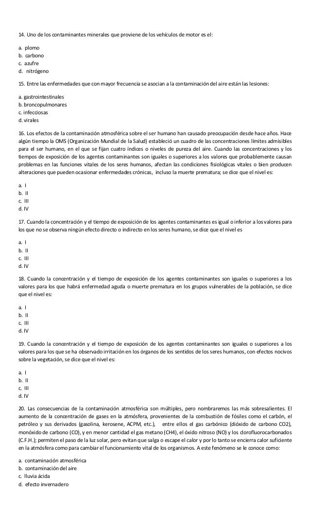 Preguntas De Opcion Multiple Sobre La Contaminacion Ambiental