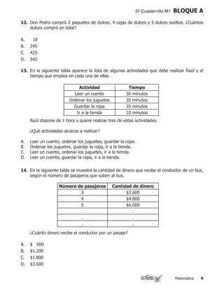 Matemática 
5º Cuadernillo M1 BLOQUE A
12.	 Don Pedro compró 2 paquetes de dulces, 4 cajas de dulces y 5 dulces sueltos. ¿Cuántos
dulces compró en total?
  10
245
425
542
A.
B.
C.
D.
13.	 En la siguiente tabla aparece la lista de algunas actividades que debe realizar Raúl y el
tiempo que emplea en cada una de ellas.
	 Raúl dispone de 1 hora y quiere realizar tres de estas actividades.
	 ¿Qué actividades alcanza a realizar?
Leer un cuento, ordenar los juguetes, guardar la ropa.
Ordenar los juguetes, guardar la ropa, ir a la tienda.
Leer un cuento, ordenar los juguetes, ir a la tienda.
Leer un cuento, guardar la ropa, ir a la tienda.
A.
B.
C.
D.
Actividad Tiempo
Leer un cuento 30 minutos
Ordenar los juguetes 20 minutos
Guardar la ropa 35 minutos
Ir a la tienda 10 minutos
14.	 En la siguiente tabla se muestra la cantidad de dinero que recibe el conductor de un bus,
según el número de pasajeros que suben al bus.
	 ¿Cuánto dinero recibe el conductor por un pasaje?
$ 600
$1.200
$1.800
$3.600
A.
B.
C.
D.
Número de pasajeros Cantidad de dinero
3 $3.600
4 $4.800
5 $6.000
. .
. .
. .
 