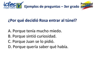 ¿Por qué decidió Rosa entrar al túnel?
A. Porque tenía mucho miedo.
B. Porque sintió curiosidad.
C. Porque Juan se lo pidió.
D. Porque quería saber qué había.
Ejemplos de preguntas – 3er grado
 