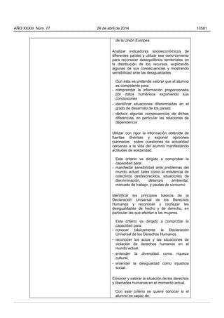de la Unión Europea
Analizar indicadores socioeconómicos de
diferentes países y utilizar ese cono-cimiento
para reconocer desequilibrios territoriales en
la distribución de los recursos, explicando
algunas de sus consecuencias y mostrando
sensibilidad ante las desigualdades.
Con este se pretende valorar que el alumno
es competente para:
- comprender la información proporcionada
por datos numéricos exponiendo sus
conclusiones
- identificar situaciones diferenciadas en el
grado de desarrollo de los países
- deducir algunas consecuencias de dichas
diferencias, en particular las relaciones de
dependencia
Utilizar con rigor la información obtenida de
fuentes diversas y exponer opiniones
razonadas sobre cuestiones de actualidad
cercanas a la vida del alumno manifestando
actitudes de solidaridad.
Este criterio va dirigido a comprobar la
capacidad para:
- manifestar sensibilidad ante problemas del
mundo actual, tales como la existencia de
colectivos desfavorecidos, situaciones de
discriminación, deterioro ambiental,
mercado de trabajo, y pautas de consumo
Identificar los principios básicos de la
Declaración Universal de los Derechos
Humanos y reconocer y rechazar las
desigualdades de hecho y de derecho, en
particular las que afectan a las mujeres.
Este criterio va dirigido a comprobar la
capacidad para:
- conocer básicamente la Declaración
Universal de los Derechos Humanos.
- reconocer los actos y las situaciones de
violación de derechos humanos en el
mundo actual.
- entender la diversidad como riqueza
cultural,
- entender la desigualdad como injusticia
social.
Conocer y valorar la situación de los derechos
y libertades humanas en el momento actual.
Con este criterio se quiere conocer si el
alumno es capaz de:
AÑO XXXIII Núm. 77 24 de abril de 2014 10581
 