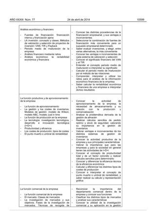 Análisis económico y financiero
- Fuentes de financiación: financiación
interna y financiación ajena
- LA inversión: concepto y clases. Métodos
de valoración y selección de proyectos de
inversión: VAN, TIR y Payback
- Periodo medio de maduración de la
empresa
- Análisis financiero mediante ratios
- Análisis económico: la rentabilidad
económica y financiera
- Conocer las distintas procedencias de la
financiación empresarial, y sus ventajas e
inconvenientes
- Seleccionar la combinación de fuentes de
financiación más conveniente para un
supuesto empresarial determinado
- Saber evaluar inversiones, y elegir, entre
varias alternativas, la más conveniente
- Conocer las ventajas e inconvenientes de
cada sistema de valoración y selección
- Conocer el significado financiero del VAN
y el TIR
- Entender el concepto periodo medio de
maduración e interpretar su significado
- Calcular el periodo medio de maduración
por el método de las rotaciones
- Comprender, interpretar y utilizar los
ratios para el análisis de la información
económico financiera de la empresa
- Saber calcular la rentabilidad económica
y financiera de una empresa e interpretar
dichos resultados
La función productiva y de aprovisionamiento
de la empresa
- La función de aprovisionamiento
- La gestión y los costes de inventarios.
Modelos de gestión: modelo de Wilson,
modelo ABC, modelo Just in time
- La función de producción en la empresa
- La tecnología: investigación tecnológica,
desarrollo e innovación tecnológica
(I+D+i)
- Productividad y eficiencia
- Los costes de producción: tipos de costes
- El punto muerto o umbral de rentabilidad
- Conocer la actividad de
aprovisionamiento de la empresa, la
necesidad de almacenamiento y su
relación con la producción y
comercialización
- Analizar la problemática derivada de la
gestión de almacén
- Realizar cálculos sencillos de pedido
óptimo y stock de seguridad, valorando
su importancia en la gestión de
inventarios
- Valorar ventajas e inconvenientes de los
distintos sistemas de gestión de
inventarios
- Conocer la actividad productiva de la
empresa y sus principales características
- Valorar la importancia que para las
empresas y para la sociedad en general
tienen las actividades de I+D+i
- Conocer el concepto de productividad
total y de un factor concreto y realizar
cálculos sencillos para determinarlo
- Conocer y diferenciar la eficiencia técnica
de la eficiencia económica
- Calcular y diferenciar los distintos tipos de
costes de producción
- Conocer e interpretar el concepto de
punto muerto o umbral de rentabilidad, y
saber realizar su cálculo y representación
gráfica
La función comercial de la empresa
- La función comercial de la empresa
- El mercado. Clases de mercados
- La investigación de mercados y sus
objetivos. Fases de la investigación de
mercados. Técnicas de recogida de
- Reconocer la importancia del
departamento comercial dentro de la
empresa y conocer sus funciones
- Clasificar los distintos tipos de mercados
y analizar sus características
- Conocer la utilidad de la investigación
comercial y su aplicación en la gestión
AÑO XXXIII Núm. 77 24 de abril de 2014 10599
 