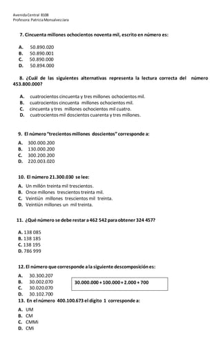 AvenidaCentral 8108
Profesora:PatriciaMonsalvezJara
7. Cincuenta millones ochocientos noventa mil, escrito en número es:
A. 50.890.020
B. 50.890.001
C. 50.890.000
D. 50.894.000
8. ¿Cuál de las siguientes alternativas representa la lectura correcta del número
453.800.000?
A. cuatrocientos cincuenta y tres millones ochocientos mil.
B. cuatrocientos cincuenta millones ochocientos mil.
C. cincuenta y tres millones ochocientos mil cuatro.
D. cuatrocientos mil doscientos cuarenta y tres millones.
9. El número“trecientos millones doscientos”corresponde a:
A. 300.000.200
B. 130.000.200
C. 300.200.200
D. 220.003.020
10. El número 21.300.030 se lee:
A. Un millón treinta mil trescientos.
B. Once millones trescientos treinta mil.
C. Veintiún millones trescientos mil treinta.
D. Veintiún millones un mil treinta.
11. ¿Qué número se debe restar a462 542 paraobtener 324 457?
A. 138 085
B. 138 185
C. 138 195
D. 786 999
12. El número que corresponde ala siguiente descomposiciónes:
A. 30.300.207
B. 30.002.070
C. 30.020.070
D. 30.102.700
13. En el número 400.100.673 el dígito 1 corresponde a:
A. UM
B. CM
C. CMMi
D. CMi
30.000.000 +100.000+2.000 + 700
 
