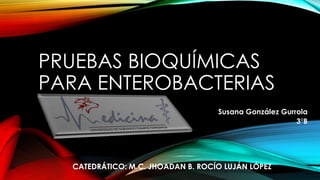 PRUEBAS BIOQUÍMICAS
PARA ENTEROBACTERIAS
Susana González Gurrola
3°B
CATEDRÁTICO: M.C. JHOADAN B. ROCÍO LUJÁN LÓPEZ
 
