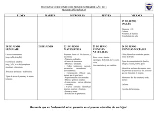 PRUEBAS COEFICIENTE DOS PRIMER SEMESTRE AÑO 2011
                                                            PRIMER AÑO BÁSICO

                LUNES                           MARTES                 MIÉRCOLES                                JUEVES                                VIERNES

                                                                                                                                          17 DE JUNIO
                                                                                                                                          INGLÉS

                                                                                                                                          Números 1-10
                                                                                                                                          Colores
                                                                                                                                          Nombres de familia
                                                                                                                                          Vocabulario de sala




20 DE JUNIO                                21 DE JUNIO          22 DE JUNIO                          23 DE JUNIO                          24 DE JUNIO
LENGUAJE                                                        MATEMÁTICA                           CIENCIAS                             CIENCIAS SOCIALES
                                                                                                     NATURALES
Lectura consonantes                                             Números hasta el 39 (lectura y                                            Chile (Identificar símbolos patrios,
(m,p,l,s,f,t,,hc,n,d,r)                                         escritura).                          Seres vivos e inertes                zonas de Chile)
                                                                - Números ordinales.                 Las etapas de la vida de los seres
Escritura de palabras                                           - Conteo de elementos.                                                    Tipos de comunidades (la familia,
                                                                                                     vivos
(m,p,l,s,f,t,,hc,n,d,r) completar                               - Decenas y unidades.                                                     amigos, escuela, barrio, país)
                                                                - Orden (antecesor, sucesor,         Los materiales y sus cambios
oraciones coherencia.
                                                                secuencias       ascendentes     y                                        Identificar acciones de respeto entre
                                                                descendentes).                                                            las personas y reconocer las acciones
Artículos definidos e indefinidos.
                                                                - Comparación (Mayor que,                                                 que no fomenten el respeto.
                                                                menor que ó igual que).
Tipos de texto el poema y la receta
                                                                - Representación con monedas.                                             Momentos del día (mañana, tarde,
(silueta)                                                       - Datos y gráficos simples.                                               noche)
                                                                - Líneas rectas – curvas (abiertas
                                                                – cerradas)                                                               La hora.
                                                                - Curvas cerradas: Identificar
                                                                interior, exterior y frontera.                                            Los días de la semana.
                                                                - Sumas y restas.
                                                                - Resolución de problemas.




                                    ¡Recuerde que es fundamental estar presente en el proceso educativo de sus hijos!
 