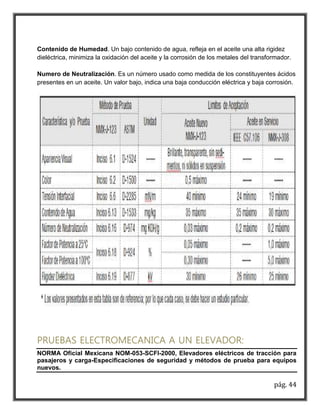 Contenido de Humedad. Un bajo contenido de agua, refleja en el aceite una alta rigidez 
dieléctrica, minimiza la oxidación del aceite y la corrosión de los metales del transformador. 
Numero de Neutralización. Es un número usado como medida de los constituyentes ácidos 
presentes en un aceite. Un valor bajo, indica una baja conducción eléctrica y baja corrosión. 
PRUEBAS ELECTROMECANICA A UN ELEVADOR: 
NORMA Oficial Mexicana NOM-053-SCFI-2000, Elevadores eléctricos de tracción para 
pasajeros y carga-Especificaciones de seguridad y métodos de prueba para equipos 
nuevos. 
pág. 44 
 