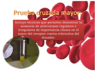 Incluye técnicas que permiten demostrar la
ausencia de anticuerpos regulares e
irregulares de importancia clínica en el
suero del receptor contra eritrocitos del
donador.
 