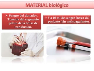  Sangre del donador.
Tomada del segmento
piloto de la bolsa de
transfusión.
 5 a 10 ml de sangre fresca del
paciente (sin anticoagulante).
 