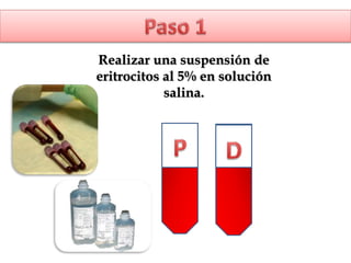 Realizar una suspensión de
eritrocitos al 5% en solución
salina.
 