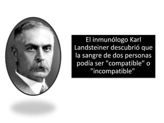 El inmunólogo Karl
Landsteiner descubrió que
la sangre de dos personas
podía ser "compatible" o
"incompatible"
 