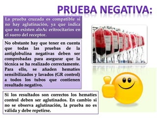 La prueba cruzada es compatible si
no hay aglutinación, ya que indica
que no existen aloAc eritrocitarios en
el suero del receptor.
No obstante hay que tener en cuenta
que todas las pruebas de la
antiglobulina negativas deben ser
comprobadas para asegurar que la
técnica se ha realizado correctamente.
Para ello, se añaden hematíes
sensibilizados y lavados (GR control)
a todos los tubos que contienen
resultado negativo.
Si los resultados son correctos los hematíes
control deben ser aglutinados. En cambio si
no se observa aglutinación, la prueba no es
válida y debe repetirse.
 
