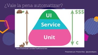 ¿Vale la pena automatizar?
*https://martinfowler.com/bliki/TestPyramid.html
Presentado por: Priscila Elías - @cyberellaperu
 