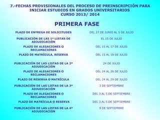 7.-FECHAS PROVISIONALES DEL PROCESO DE PREINSCRIPCIÓN PARA
        INICIAR ESTUDIOS EN GRADOS UNIVERSITARIOS
                     CURSO 2013/ 2014

                        PRIMERA FASE
  PLAZO DE ENTREGA DE SOLICITUDES     DEL 27 DE JUNIO AL 5 DE JULIO

  PUBLICACIÓN DE LAS 1ª LISTAS DE            EL 15 DE JULIO
          ADJUDICACIÓN
      PLAZO DE ALEGACIONES O              DEL 15 AL 17 DE JULIO
          RECLAMACIONES
   PLAZO DE MATRÍCULA, RESERVA            DEL 15 AL 18 DE JULIO


 PUBLICACIÓN DE LAS LISTAS DE LA 2ª           24 DE JULIO
          ADJUDICACIÓN
      PLAZO DE ALEGACIONES O              DEL 24 AL 26 DE JULIO
          RECLAMACIONES
   PLAZO DE RESERVA O MATRÍCULA           DEL 24 AL 29 DE JULIO

 PUBLICACIÓN DE LAS LISTAS DE LA 3ª         3 DE SEPTIEMBRE
          ADJUDICACIÓN
      PLAZO DE ALEGACIONES O            DEL 3 AL 5 DE SEPTIEMBRE
          RECLAMACIONES
   PLAZO DE MATRÍCULA O RESERVA         DEL 3 AL 5 DE SEPTIEMBRE

 PUBLICACIÓN DE LAS LISTAS DE LA 4ª         9 DE SEPTIEMBRE
          ADJUDICACIÓN
 