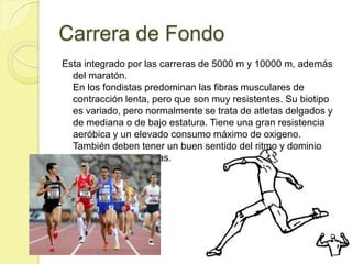 Carrera de FondoEsta integrado por las carreras de 5000 m y 10000 m, además del maratón. En los fondistas predominan las fibras musculares de contracción lenta, pero que son muy resistentes. Su biotipo es variado, pero normalmente se trata de atletas delgados y de mediana o de bajo estatura. Tiene una gran resistencia aeróbica y un elevado consumo máximo de oxigeno. También deben tener un buen sentido del ritmo y dominio táctico de las carreras. 