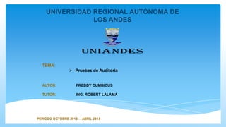 UNIVERSIDAD REGIONAL AUTÓNOMA DE
LOS ANDES

TEMA:
 Pruebas de Auditoria

AUTOR:

FREDDY CUMBICUS

TUTOR:

ING. ROBERT LALAMA

PERIODO OCTUBRE 2013 – ABRIL 2014

 