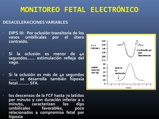 DESACELERACIONESVARIABLES
- DIPS III: Por oclusión transitoria de los
vasos umbilicales por el útero
contraído.
- Si la oclusión es menor de 40
segundos..…. estimulación refleja del
vago.
- Si la oclusión es más de 40 segundos
…… se desarrolla también hipoxia
fetal……… SFA.
- los descensos de la FCF hasta 70 latidos
por minuto y con duración inferior a 1
minuto, caracterizan los dips
umbilicales favorables, poco
relacionados a compromiso fetal por
hipoxia
MONITOREO FETAL ELECTRÓNICO
 