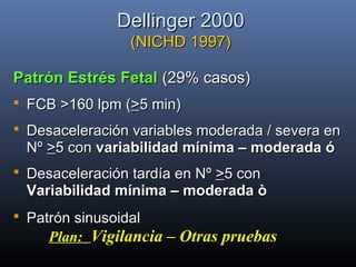 Dellinger 2000Dellinger 2000
(NICHD 1997)(NICHD 1997)
Patrón Estrés FetalPatrón Estrés Fetal (29% casos)(29% casos)
 FCB >160 lpm (FCB >160 lpm (>>5 min)5 min)
 Desaceleración variables moderada / severa enDesaceleración variables moderada / severa en
NºNº >>5 con5 con variabilidad mínima – moderada óvariabilidad mínima – moderada ó
 Desaceleración tardía en NºDesaceleración tardía en Nº >>5 con5 con
Variabilidad mínima – moderada òVariabilidad mínima – moderada ò
 Patrón sinusoidalPatrón sinusoidal
Plan:Plan: Vigilancia – Otras pruebasVigilancia – Otras pruebas
 