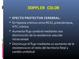 DOPPLER COLOR
 EFECTO PROTECTOR CEREBRAL:
 En hipoxia crónica como RCIU, preeclampsia,
HTC crónica
 Aumenta flujo cerebral mediante una
disminución de la resistencia vascular
intracraneal
 Disminuye el flujo mediante un aumento de la
resistencia en el resto del territorio fetal y
cordón umbilical
 