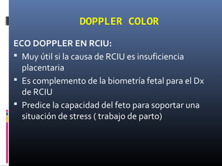 DOPPLER COLOR
ECO DOPPLER EN RCIU:
 Muy útil si la causa de RCIU es insuficiencia
placentaria
 Es complemento de la biometría fetal para el Dx
de RCIU
 Predice la capacidad del feto para soportar una
situación de stress ( trabajo de parto)
 