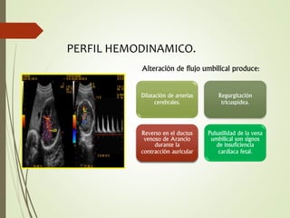 Alteración de flujo umbilical produce:
PERFIL HEMODINAMICO.
Dilatación de arterias
cerebrales.
Regurgitación
tricuspídea.
Reverso en el ductus
venoso de Arancio
durante la
contracción auricular
Pulsatilidad de la vena
umbilical son signos
de insuficiencia
cardiaca fetal.
 