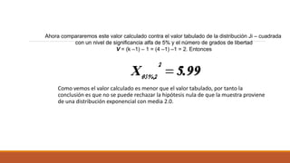 Como vemos el valor calculado es menor que el valor tabulado, por tanto la
conclusión es que no se puede rechazar la hipótesis nula de que la muestra proviene
de una distribución exponencial con media 2.0.
Ahora compararemos este valor calculado contra el valor tabulado de la distribución Ji – cuadrada
con un nivel de significancia alfa de 5% y el número de grados de libertad
V = (k –1) – 1 = (4 –1) –1 = 2. Entonces
 