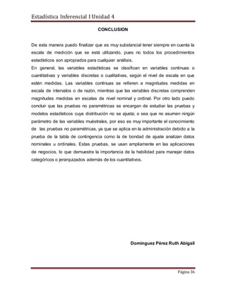 Estadística Inferencial I Unidad 4
Página 36
CONCLUSION
De esta manera puedo finalizar que es muy substancial tener siempre en cuenta la
escala de medición que se está utilizando, pues no todos los procedimientos
estadísticos son apropiados para cualquier análisis.
En general, las variables estadísticas se clasifican en variables continuas o
cuantitativas y variables discretas o cualitativas, según el nivel de escala en que
estén medidas. Las variables continuas se refieren a magnitudes medidas en
escala de intervalos o de razón, mientras que las variables discretas comprenden
magnitudes medidas en escalas de nivel nominal y ordinal. Por otro lado puedo
concluir que las pruebas no paramétricas se encargan de estudiar las pruebas y
modelos estadísticos cuya distribución no se ajusta; o sea que no asumen ningún
parámetro de las variables muéstrales, por eso es muy importante el conocimiento
de las pruebas no paramétricas, ya que se aplica en la administración debido a la
prueba de la tabla de contingencia como la de bondad de ajuste analizan datos
nominales u ordinales. Estas pruebas, se usan ampliamente en las aplicaciones
de negocios, lo que demuestra la importancia de la habilidad para manejar datos
categóricos o jerarquizados además de los cuantitativos.
Domínguez Pérez Ruth Abigail
 