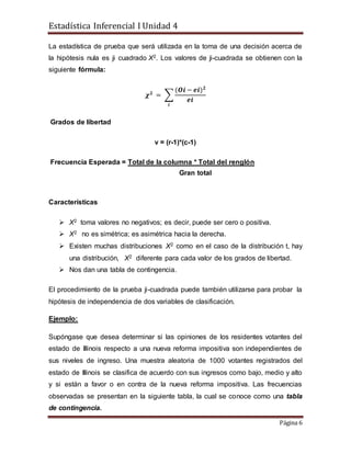 Estadística Inferencial I Unidad 4
Página 6
La estadística de prueba que será utilizada en la toma de una decisión acerca de
la hipótesis nula es ji cuadrado X2. Los valores de ji-cuadrada se obtienen con la
siguiente fórmula:
𝝌 𝟐
= ∑
(𝑶𝒊 − 𝒆𝒊) 𝟐
𝒆𝒊
𝒊
Grados de libertad
v = (r-1)*(c-1)
Frecuencia Esperada = Total de la columna * Total del renglón
Características
 X2 toma valores no negativos; es decir, puede ser cero o positiva.
 X2 no es simétrica; es asimétrica hacia la derecha.
 Existen muchas distribuciones X2 como en el caso de la distribución t, hay
una distribución, X2 diferente para cada valor de los grados de libertad.
 Nos dan una tabla de contingencia.
El procedimiento de la prueba ji-cuadrada puede también utilizarse para probar la
hipótesis de independencia de dos variables de clasificación.
Ejemplo:
Supóngase que desea determinar si las opiniones de los residentes votantes del
estado de Illinois respecto a una nueva reforma impositiva son independientes de
sus niveles de ingreso. Una muestra aleatoria de 1000 votantes registrados del
estado de Illinois se clasifica de acuerdo con sus ingresos como bajo, medio y alto
y si están a favor o en contra de la nueva reforma impositiva. Las frecuencias
observadas se presentan en la siguiente tabla, la cual se conoce como una tabla
de contingencia.
Gran total
 