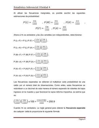 Estadística Inferencial I Unidad 4
Página 8
Al utilizar las frecuencias marginales, es posible escribir las siguientes
estimaciones de probabilidad:
𝑃( 𝐿) =
336
1000
, 𝑃( 𝑀) =
351
1000
, 𝑃( 𝐻) =
313
1000
,
𝑃( 𝐹) =
598
1000
, 𝑃( 𝐴) =
402
1000
Ahora si H0 es verdadera y las dos variables son independientes, debe tenerse:
P (L⌒F) = P (L) P (F) = (
336
1000
)(
598
1000
) ,
P (L⌒A) = P (L) P (A) = (
336
1000
)(
402
1000
),
P (M⌒F) = P (M) P (F) = (
351
1000
)(
598
1000
),
P (M⌒A) = P (M) P (A) = (
351
1000
)(
402
1000
),
P (H⌒F) = P (H) P (F) = (
313
1000
)(
598
1000
),
P (H⌒A) = P (H) P (A) = (
313
1000
)(
402
1000
) .
Las frecuencias esperadas se obtienen al multiplicar cada probabilidad de una
celda por el número total de observaciones. Como antes, estas frecuencias se
redondean a un decimal de esta manera el número esperado de votantes de bajos
ingresos en la muestra y que favorecen la nueva reforma impositiva, se estima que
es:
(
336
1000
) (
598
1000
) x 100 =
(336)(598)
1000
= 200.9
Cuando H0 es verdadera. La regla general para obtener la frecuencia esperada
de cualquier celda la proporciona la siguiente fórmula:
 
