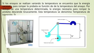 Si los ensayos se realizan variando la temperatura se encuentra que la energía
necesaria para romper la probeta es función de de la temperatura del ensayo. Por
debajo de una temperatura determinada, la energía necesaria para romper la
probeta desciende bruscamente. Esta temperatura se denomina Temperatura de
transición, Tt.
 