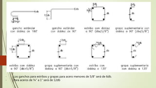 · Los ganchos para estribos y grapas para acero menores de 5/8” será de 6db.
· Para aceros de ¾” a 1” será de 12db
 