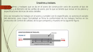 Empalmes y traslapes.
Los empalmes y traslapes que se da en el acero de construcción varia de acuerdo al tipo de
elemento y al diámetro de las varillas de acero, por lo que se tendrá que revisar en los planos y
especificaciones técnicas de estos detalles
Una vez revisados los trabajos en el acero y cumplen con lo especificado, se autoriza el vaciado
del elemento, para mayor formalidad se firma la conformidad de los trabajos hechos en los
protocolos de control de calidad, de la que comparto y muestro en la siguiente figura.
 
