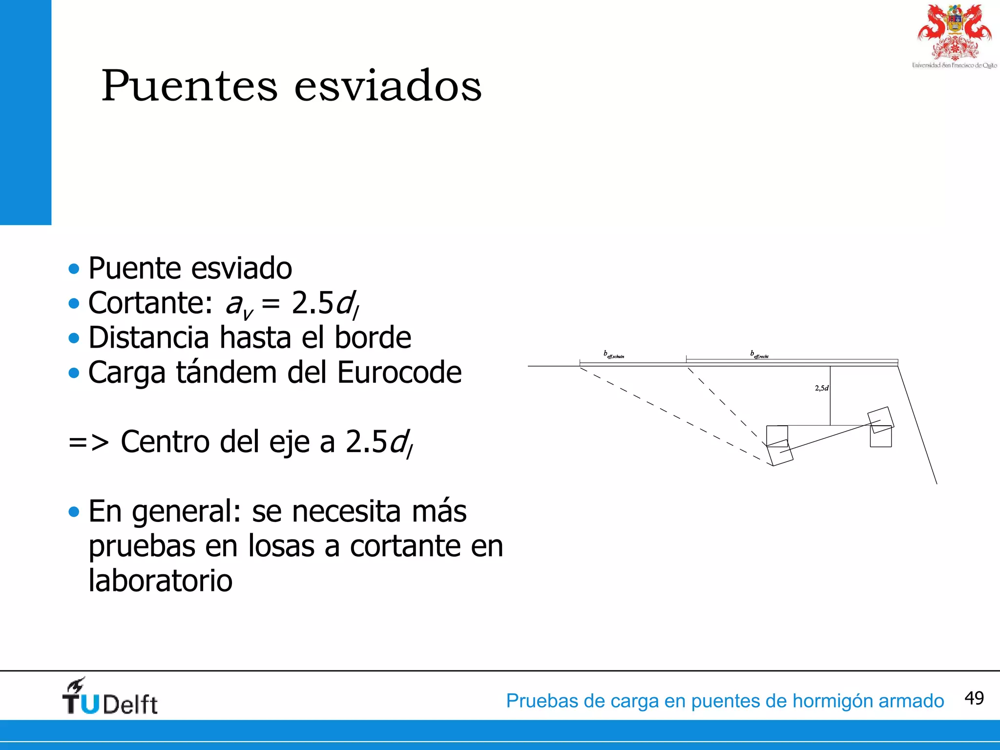 49Pruebas de carga en puentes de hormigón armado
Puentes esviados
• Puente esviado
• Cortante: av = 2.5dl
• Distancia hasta el borde
• Carga tándem del Eurocode
=> Centro del eje a 2.5dl
• En general: se necesita más
pruebas en losas a cortante en
laboratorio
 