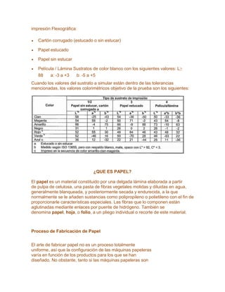 impresión Flexográfica:
Cartón corrugado (estucado o sin estucar)
Papel estucado
Papel sin estucar
Película / Lámina Sustratos de color blanco con los siguientes valores: L≥
88 a: -3 a +3 b: -5 a +5
Cuando los valores del sustrato a simular están dentro de las tolerancias
mencionadas, los valores colorimétricos objetivo de la prueba son los siguientes:
¿QUE ES PAPEL?
El papel es un material constituido por una delgada lámina elaborada a partir
de pulpa de celulosa, una pasta de fibras vegetales molidas y diluidas en agua,
generalmente blanqueada, y posteriormente secada y endurecida, a la que
normalmente se le añaden sustancias como polipropileno o polietileno con el fin de
proporcionarle características especiales. Las fibras que lo componen están
aglutinadas mediante enlaces por puente de hidrógeno. También se
denomina papel, hoja, o folio, a un pliego individual o recorte de este material.
Proceso de Fabricación de Papel
El arte de fabricar papel no es un proceso totalmente
uniforme, así que la configuración de las máquinas papeleras
varía en función de los productos para los que se han
diseñado. No obstante, tanto si las máquinas papeleras son
 