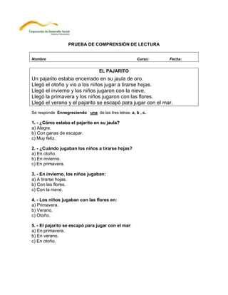 PRUEBA DE COMPRENSIÓN DE LECTURA


Nombre                                                Curso:   Fecha:


                                  EL PAJARITO
Un pajarito estaba encerrado en su jaula de oro.
Llegó el otoño y vio a los niños jugar a tirarse hojas.
Llegó el invierno y los niños jugaron con la nieve.
Llegó la primavera y los niños jugaron con las flores.
Llegó el verano y el pajarito se escapó para jugar con el mar.
Se responde Ennegreciendo una de las tres letras: a, b , c.

1. - ¿Cómo estaba el pajarito en su jaula?
a) Alegre.
b) Con ganas de escapar.
c) Muy feliz.

2. - ¿Cuándo jugaban los niños a tirarse hojas?
a) En otoño.
b) En invierno.
c) En primavera.

3. - En invierno, los niños jugaban:
a) A tirarse hojas.
b) Con las flores.
c) Con la nieve.

4. - Los niños jugaban con las flores en:
a) Primavera.
b) Verano.
c) Otoño.

5. - El pajarito se escapó para jugar con el mar:
a) En primavera.
b) En verano.
c) En otoño.
 