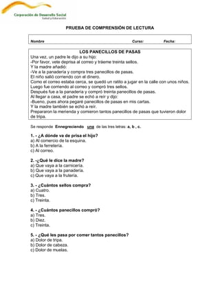 PRUEBA DE COMPRENSIÓN DE LECTURA


Nombre                                                Curso:         Fecha:

                           LOS PANECILLOS DE PASAS
Una vez, un padre le dijo a su hijo:
-Por favor, vete deprisa al correo y tráeme treinta sellos.
Y la madre añadió:
-Ve a la panadería y compra tres panecillos de pasas.
El niño salió corriendo con el dinero.
Como el correo estaba cerca, se quedó un ratito a jugar en la calle con unos niños.
Luego fue corriendo al correo y compró tres sellos.
Después fue a la panadería y compró treinta panecillos de pasas.
Al llegar a casa, el padre se echó a reír y dijo:
-Bueno, pues ahora pegaré panecillos de pasas en mis cartas.
Y la madre también se echó a reír.
Prepararon la merienda y comieron tantos panecillos de pasas que tuvieron dolor
de tripa.

Se responde Ennegreciendo una de las tres letras: a, b , c.

1. - ¿A dónde va de prisa el hijo?
a) Al comercio de la esquina.
b) A la ferretería.
c) Al correo.

2. -¿Qué le dice la madre?
a) Que vaya a la carnicería.
b) Que vaya a la panadería.
c) Que vaya a la frutería.

3. - ¿Cuántos sellos compra?
a) Cuatro.
b) Tres.
c) Treinta.

4. - ¿Cuántos panecillos compró?
a) Tres.
b) Diez.
c) Treinta.

5. - ¿Qué les pasa por comer tantos panecillos?
a) Dolor de tripa.
b) Dolor de cabeza.
c) Dolor de muelas.
 