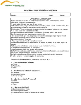 PRUEBA DE COMPRENSIÓN DE LECTURA


Nombre                                                  Curso:           Fecha:

                               LA VISITA DE LA PRIMAVERA
Había una vez una ciudad en donde no conocían las flores. En los floreros ponían
alcachofas, puerros y hojas de perejil.
Y nadie sabía distinguir una rosa de una berza.
Todo esto sucedía porque la Primavera nunca había pasado por allí. Mientras tanto, doña
Primavera se aburría en un castillo sin saber qué hacer.
El pobre don Primavero siempre tenía que inventar juegos para entretener a su esposa.
Y no podía hacer otra cosa en todo el día.
Doña Primavera decía suspirando: -Primavero, ¿qué hago ahora? ¡Me aburro!
Don Primavero sacó una gran bola del mundo y dijo:
-Con lo despistada que eres, seguro que te has olvidado de pasar por alguna ciudad.
Estuvieron repasando la bola durante mucho tiempo.
De pronto, dijo don Primavero:
-¡Aquí hay una ciudad en donde no te conocen!
Doña Primavera se vistió un manto hecho de pétalos de rosa y, en un vuelo, llegó a la
ciudad.
Toda la gente salía de sus casas para ver aquel manto tan hermoso.
Y doña Primavera pregonaba su mercancía:
-¡Hay flores para todos! ¡Ha llegado la Primavera!
Doña Primavera tocaba los árboles y éstos inmediatamente florecían. A su paso brotaban
los rosales, los geranios y los almendros en flor.
Doña Primavera derramó flores por los campos, por los jardines, por las plazas.
Y todos cantaron y bailaron cogidos de las manos.

Se responde Ennegreciendo una de las tres letras: a, b , c.

1. - ¿Qué ponían en los floreros?
a) Flores.
b) Alcachofas.
c) Nada.

2. - Don Primavero entretenía a su esposa...
a) Cantando.
b) Inventando juegos.
c) Yendo de viaje.

3. - ¿Qué derramó doña Primavera?
a) Flores.
b) Ilusiones.
c) Agua.

4. - ¿Qué ocurrió al final?
a) Que todos estaban tristes.
b) Todos cogieron una flor.
c) Todos cantaron y bailaron cogidos de las manos.
-
 