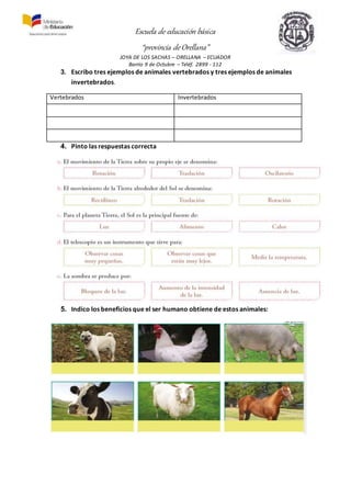 Escuela de educación básica
“provincia de Orellana”
JOYA DE LOS SACHAS – ORELLANA – ECUADOR
Barrio 9 de Octubre – Teléf. 2899 - 112
3. Escribo tres ejemplos de animales vertebrados y tres ejemplos de animales
invertebrados.
Vertebrados Invertebrados
4. Pinto las respuestas correcta
5. Indico los beneficios que el ser humano obtiene de estos animales:
 