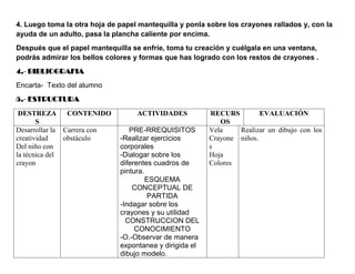 4. Luego toma la otra hoja de papel mantequilla y ponla sobre los crayones rallados y, con la
ayuda de un adulto, pasa la plancha caliente por encima.
Después que el papel mantequilla se enfríe, toma tu creación y cuélgala en una ventana,
podrás admirar los bellos colores y formas que has logrado con los restos de crayones .
4.- BIBLIOGRAFIA
Encarta- Texto del alumno
5.- ESTRUCTURA
 DESTREZA CONTENIDO                ACTIVIDADES           RECURS         EVALUACIÓN
       S                                                    OS
Desarrollar la Carrera con       PRE-RREQUISITOS         Vela    Realizar un dibujo con los
creatividad    obstáculo      -Realizar ejercicios       Crayone niños.
Del niño con                  corporales                 s
la técnica del                -Dialogar sobre los        Hoja
crayon                        diferentes cuadros de      Colores
                              pintura.
                                       ESQUEMA
                                  CONCEPTUAL DE
                                       PARTIDA
                              -Indagar sobre los
                              crayones y su utilidad
                                CONSTRUCCION DEL
                                   CONOCIMIENTO
                              -O.-Observar de manera
                              expontanea y dirigida el
                              dibujo modelo.
 