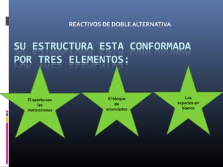 REACTIVOS DE DOBLE ALTERNATIVA




El aparto con              El bloque                 Los
      las                      de                espacios en
instrucciones             enunciados               blanco
 