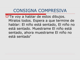 CONSIGNA COMPRESIVA
“Te voy a hablar de estos dibujos.
Míralos todos. Espera a que termine de
hablar: El niño está sentado, El niño no
está sentado. Muestrame El niño está
sentado, ahora muestrame El niño no
está sentado”
 