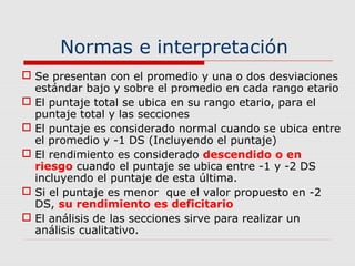 Normas e interpretación
 Se presentan con el promedio y una o dos desviaciones
estándar bajo y sobre el promedio en cada rango etario
 El puntaje total se ubica en su rango etario, para el
puntaje total y las secciones
 El puntaje es considerado normal cuando se ubica entre
el promedio y -1 DS (Incluyendo el puntaje)
 El rendimiento es considerado descendido o en
riesgo cuando el puntaje se ubica entre -1 y -2 DS
incluyendo el puntaje de esta última.
 Si el puntaje es menor que el valor propuesto en -2
DS, su rendimiento es deficitario
 El análisis de las secciones sirve para realizar un
análisis cualitativo.
 