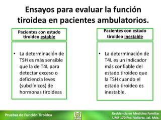 Ensayos para evaluar la función
       tiroidea en pacientes ambulatorios.
       Pacientes con estado     Pacientes con estado
         tiroideo estable        tiroideo inestable


    • La determinación de     • La determinación de
      TSH es más sensible       T4L es un indicador
      que la de T4L para        más confiable del
      detectar exceso o         estado tiroideo que
      deficiencia leves         la TSH cuando el
      (subclínicos) de          estado tiroideo es
      hormonas tiroideas        inestable.



Pruebas de Función Tiroidea        Residencia en Medicina Familiar
                                   UMF 170 Pto. Vallarta, Jal. Méx.
 
