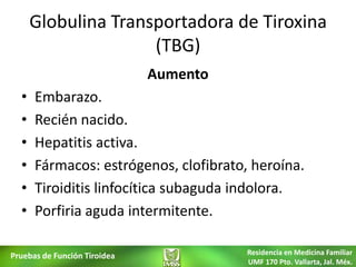 Globulina Transportadora de Tiroxina
                     (TBG)
                              Aumento
  •   Embarazo.
  •   Recién nacido.
  •   Hepatitis activa.
  •   Fármacos: estrógenos, clofibrato, heroína.
  •   Tiroiditis linfocítica subaguda indolora.
  •   Porfiria aguda intermitente.

Pruebas de Función Tiroidea             Residencia en Medicina Familiar
                                        UMF 170 Pto. Vallarta, Jal. Méx.
 