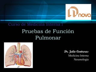 Curso de Medicina Interna I
      Pruebas de Función
          Pulmonar

                              Dr. Julio Contreras
                                 Medicina Interna
                                    Neumología
 