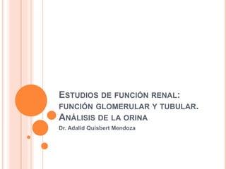 ESTUDIOS DE FUNCIÓN RENAL:
FUNCIÓN GLOMERULAR Y TUBULAR.
ANÁLISIS DE LA ORINA
Dr. Adalid Quisbert Mendoza
 