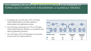 LA COMBINACIÓN DE LA TSH Y LA FT4 O FTI AYUDA A DETERMINAR EN
FORMA EXACTA COMO ESTÁ FUNCIONANDO LA GLÁNDULA TIROIDES.
 El hallazgo de una TSH alta y FT4 o FTI baja
indica hipotiroidismo primario debido a
enfermedad de la glándula tiroides.
 Una TSH baja combinada con FT4 or FTI bajas
indica hipotiroidismo debido a un problema que
afecta la glándula pituitaria.
 Una TSH baja y FT4 o FTI elevada se encuentra
en personas con hipertiroidismo
 